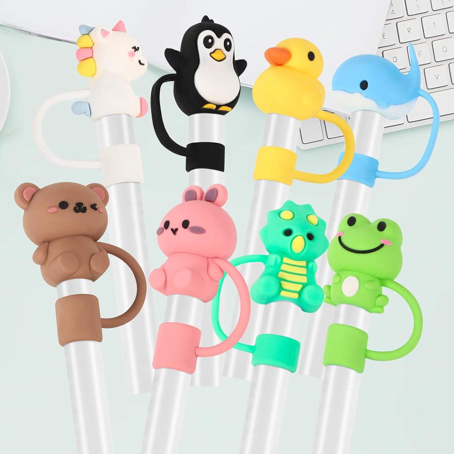 8 Pcs Animal Straw Cover Cap, Silicone Straw Topper for Stanley 30&40 Oz Tumbler Cute Straws Cap in Various Shapes, Straws Covers for 0.4 Inch/10 mm Tips Gifts for Women Girls Teens