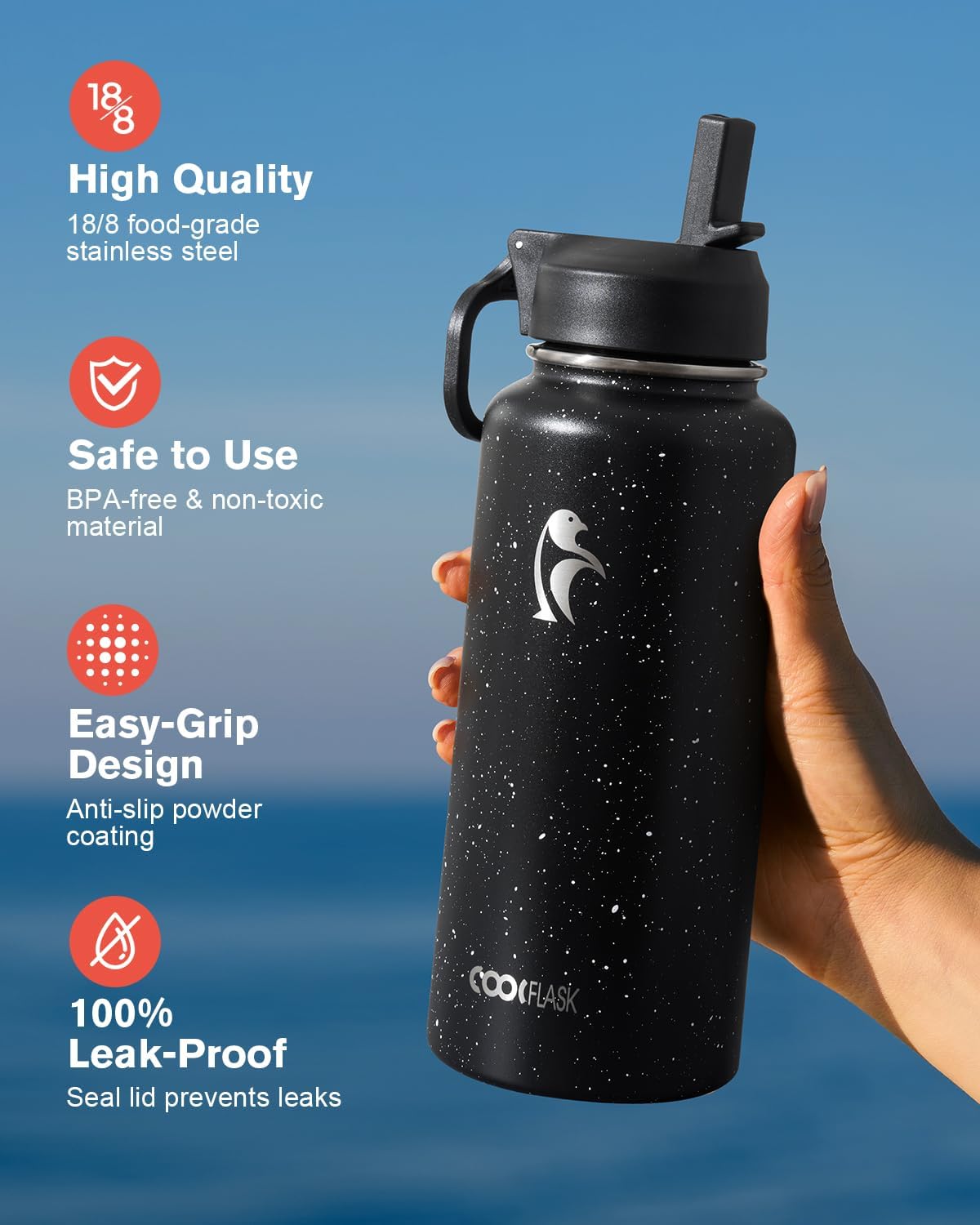 Half Gallon Water Bottle Insulated with Straw & 3 Lids, Coolflask 64 oz Water Jug Large Metal Stainless Steel Wide Mouth for Sports, Gym or Office, Non-BPA Keep Cold 48H Hot 24H, Samurai Cyan