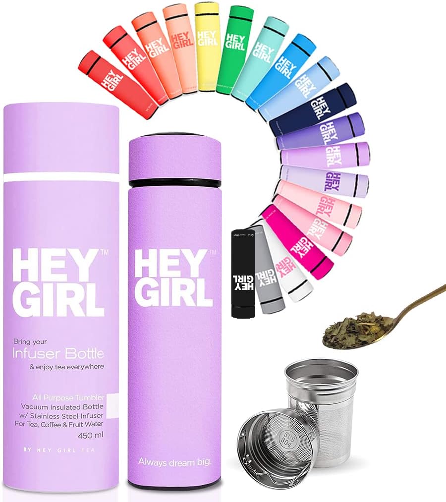 Hey Girl Tea Infuser Bottle 450ml - Insulated Stainless Steel Water Bottle - Tea Tumbler with Tea Diffuser - Portable Travel Mug for Loose Leaf Tea & Infused Water - Tea Lovers Gifts for Women (Pink)