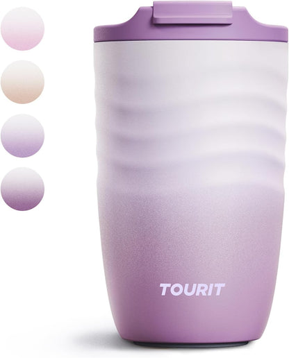 TOURIT 16 oz Travel Coffee Mug, Vacuum Insulated Stainless Steel Tumbler with Ripple-Wave Anti-Slip Grip, Built-in Silicone Bottom for Quiet & Stable, Leak-Proof Lid, Fits Car Cup Holder, Khaki