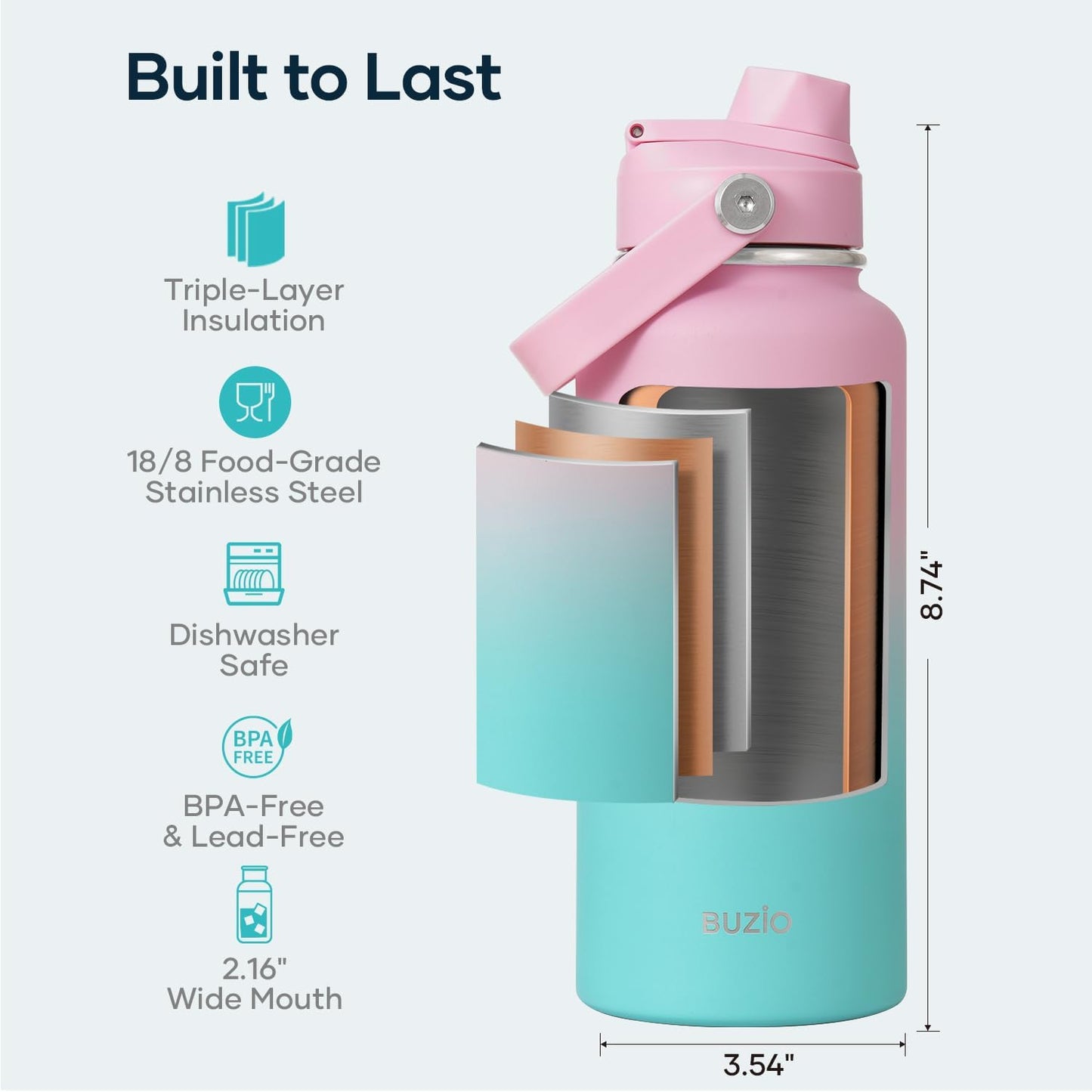 BUZIO 40oz Insulated Water Bottle, Triple Wall Vacuum Stainless Steel Water Flask with 2 lids, Lead-Free BPA-Free Straw Lid Sports Canteen Jug, Cold 48H & Hot 24H- Black - Colors B