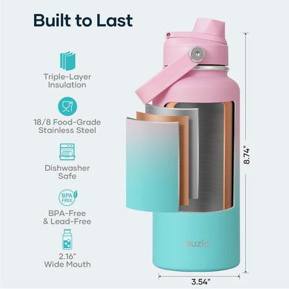 BUZIO 40oz Insulated Water Bottle, Triple Wall Vacuum Stainless Steel Water Flask with 2 lids, Lead-Free BPA-Free Straw Lid Sports Canteen Jug, Cold 48H & Hot 24H- Black - Colors B