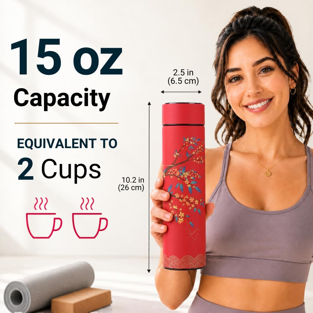 Farasi Tea Infuser for Loose Leaf Tea Smart Water Bottle with Temperature Display, Stainless Steel Insulated Coffee and Fruit Tea Infuser Bottle - Green Floral Travel Tea Mugs 15 oz