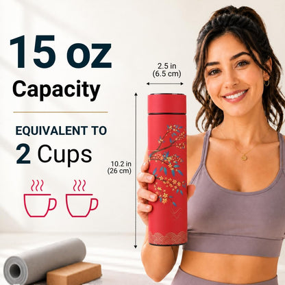 Farasi Tea Infuser for Loose Leaf Tea Smart Water Bottle with Temperature Display, Stainless Steel Insulated Coffee and Fruit Tea Infuser Bottle - Green Floral Travel Tea Mugs 15 oz