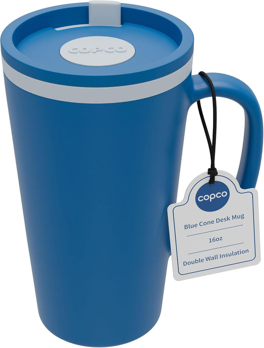 Copco Cone Desk Mug, 16 oz - Double Wall Insulated Coffee Mug with Twist-Off Lid, Handle & Slide Tab - Travel-Friendly Cup for Hot or Cold Drinks, BPA-Free, Microwave & Dishwasher Safe (Brown)