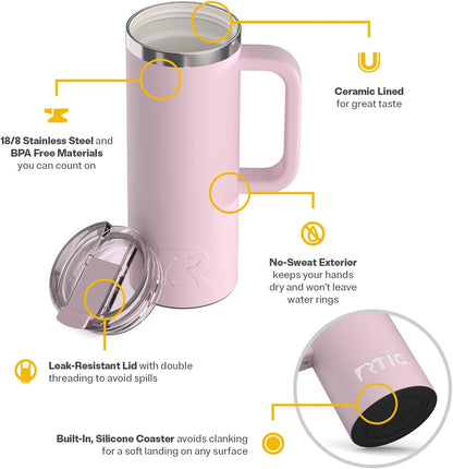 RTIC 20oz Road Trip Travel Mug with Lid and Handle, Ceramic Lined, Insulated, Stainless Steel, Metal, Double Wall Vacuum-Insulation, Portable Coffee, Tea Cup for Hot and Cold Drink, Black
