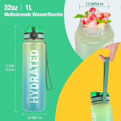 Sahara Sailor Water Bottle 32oz, Durable and Leakproof Water Bottles Motivational with Time Marker, Tritan, BPA Free, Wide Mouth with Easy Clean Brush for Gym, Travel, Home, School, Office (1 Bottle)