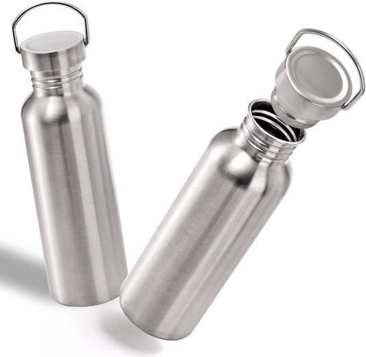 Yopay 2 Pack Stainless Steel Sports Water Bottles, 26OZ Single Walled 18/8 Stainless Steel Water Bottle with Handle, Uninsulate Metal Water Bottle for Cyclists, Runners, Hikers, Beach Goers, Picnics