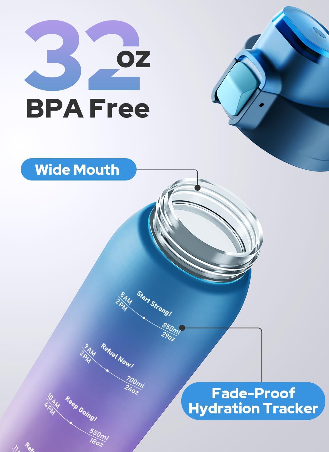 Opard Zip 32oz Plastic Water Bottle Dishwasher Safe, Leakproof Flip-Top Lid, BPA Free Tritan, Wide Mouth Reusable Sports Water Bottle for Gym Hiking Commuting Outdoor Travel and School