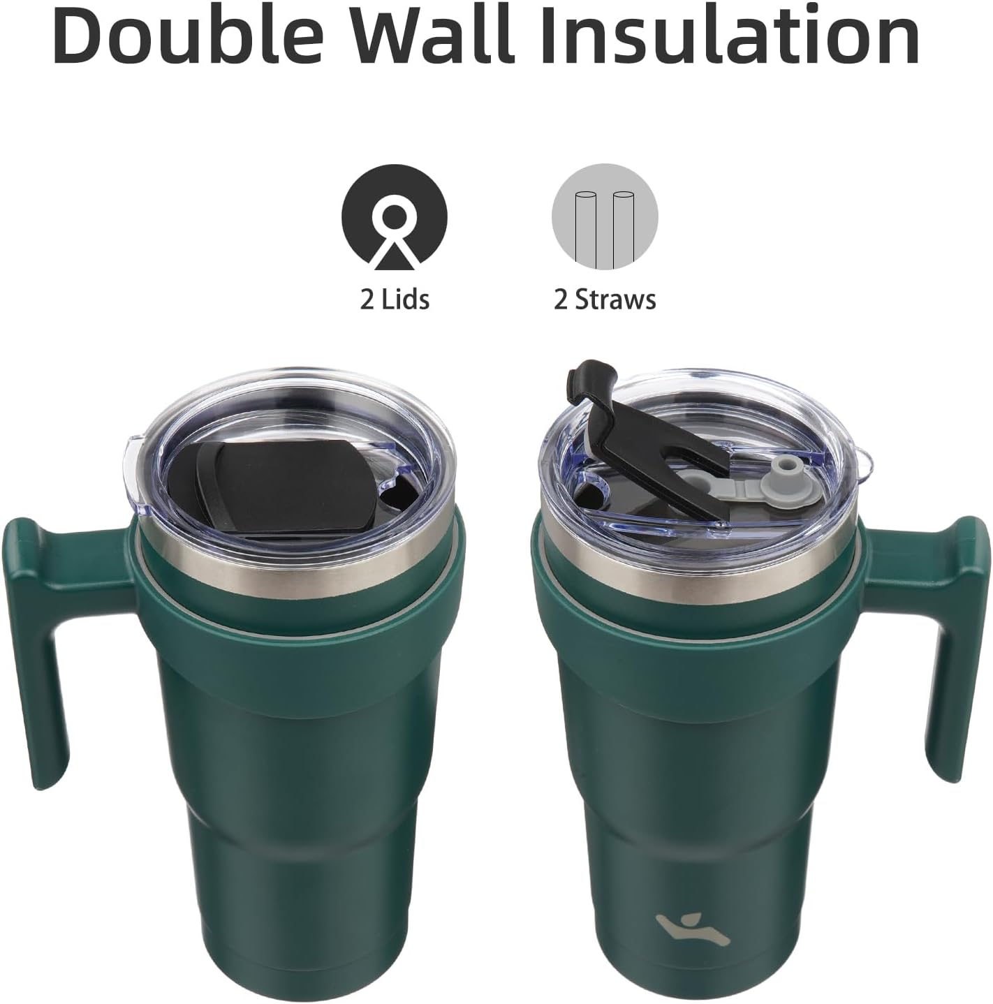 Konokyo 20 oz Tumbler with Handle and 2 Straw 2 Lid, Insulated Water Bottle Stainless Steel Vacuum Cup Reusable Travel Mug,Black