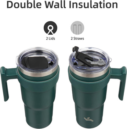 Konokyo 20 oz Tumbler with Handle and 2 Straw 2 Lid, Insulated Water Bottle Stainless Steel Vacuum Cup Reusable Travel Mug,Black