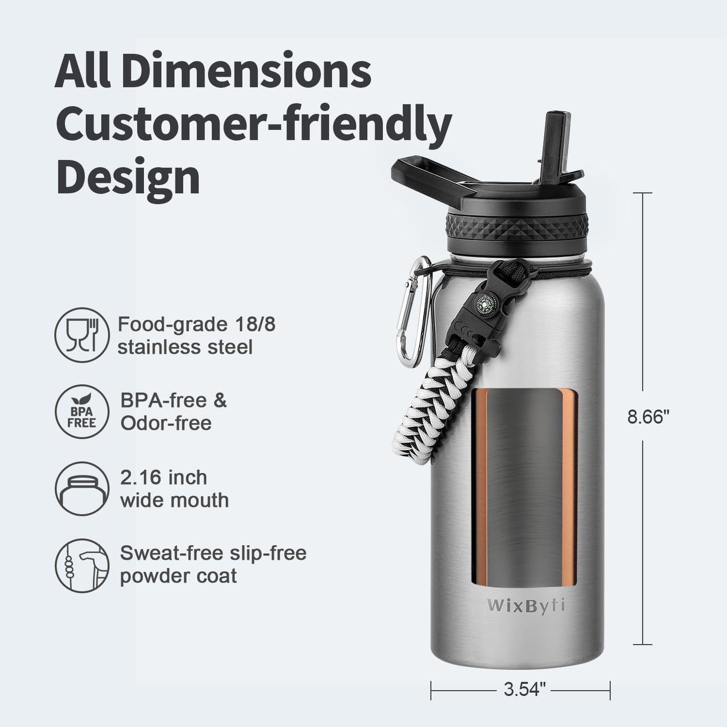 WixByti 40 oz Insulated Water Bottle with Straw (Cold for 36 Hrs), Stainless Steel Triple Wall Vacuum Sports Water Jug, Leakproof Hydro Cup Flask with Paracord Handle & Straw Spout Lids & DIY Stickers