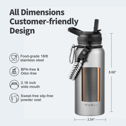 WixByti 40 oz Insulated Water Bottle with Straw (Cold for 36 Hrs), Stainless Steel Triple Wall Vacuum Sports Water Jug, Leakproof Hydro Cup Flask with Paracord Handle & Straw Spout Lids & DIY Stickers
