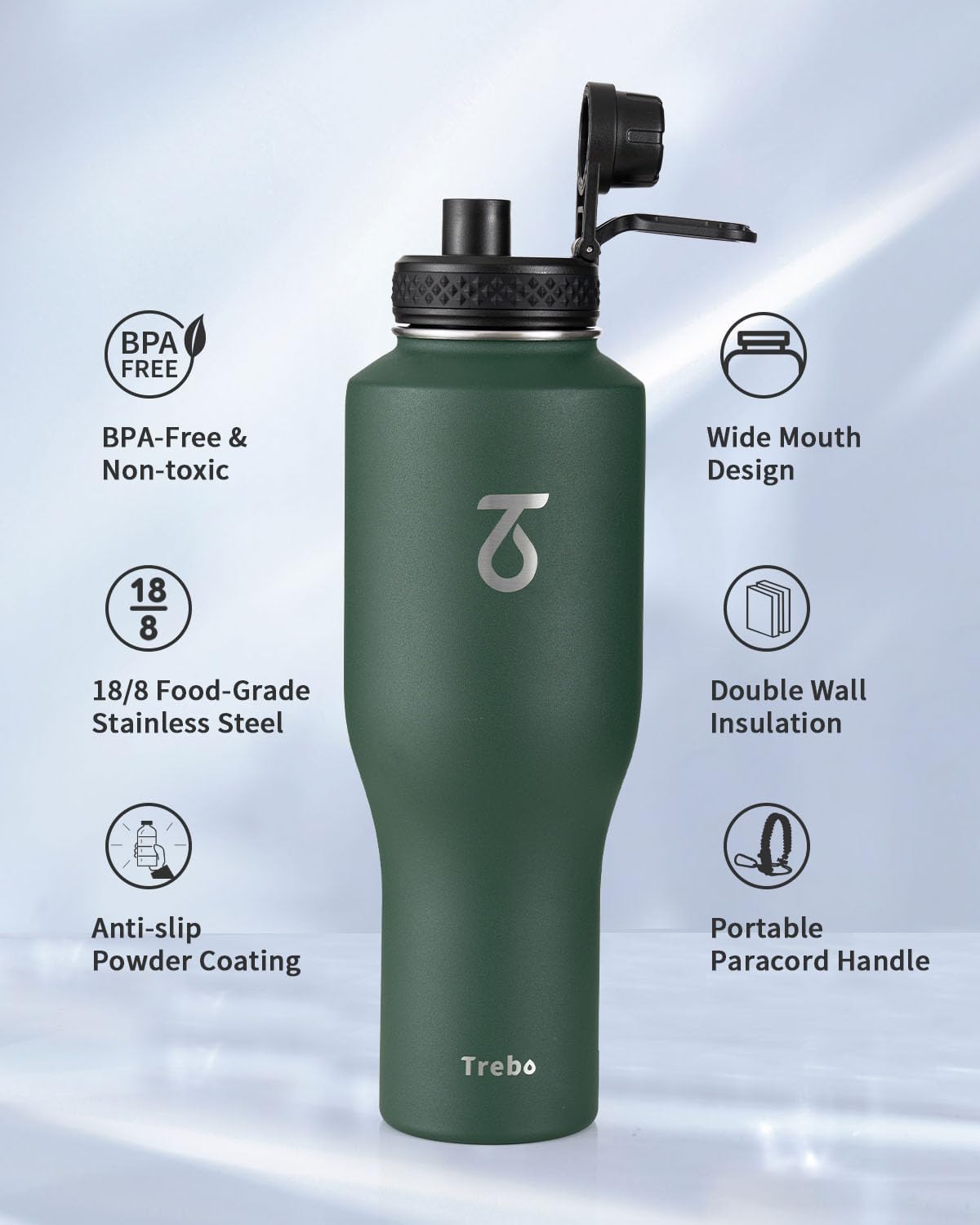 Trebo 40 oz Water Bottle Insulated Fit Car Cup Holder with Handle, Stainless Steel Water Bottles Tumbler with Spout Straw Lids, Double Wall Travel Reusable Flask, Leakproof Mug,Keep Cold &Hot,Black