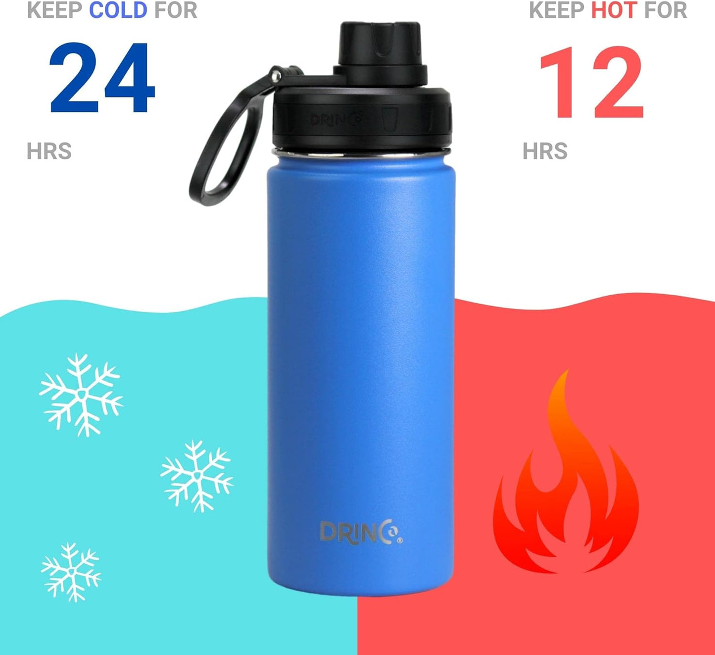 Drinco Stainless Steel Water Bottle Spout Lid Vacuum Insulated Double Wall Water Bottle Wide Mouth (40oz 32oz 22oz 18oz 14oz) Leak Proof Keep Cold Sport Camping Hiking (22 oz, 22oz Black)