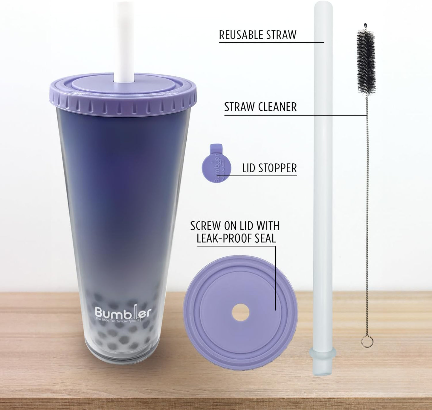Bumbler Original Boba Tea Cup - 24oz Double-Walled Plastic Reusable Tumbler with Extra Wide Straw & Leak-Proof Lid - BPA-Free Smoothie & Iced Coffee Travel Mug - Blush Pink