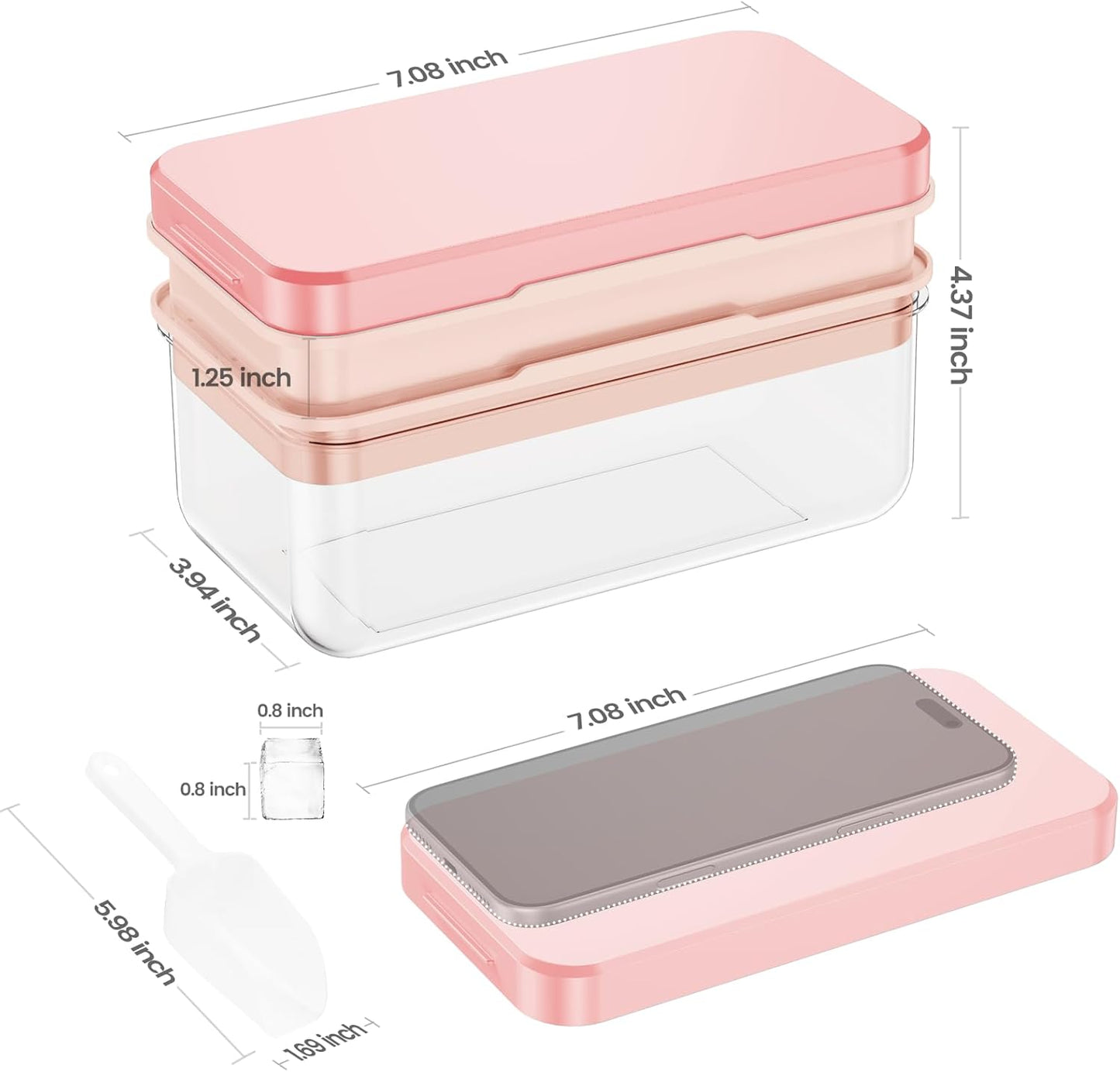 Ice Cube Tray with Lid and Bin, PHINOX 56 pcs Ice Trays for Freezer, Ice Cube Trays for Freezer with 2 trays, Container, Lid & Ice Scoop, BPA Free
