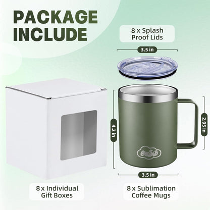 12oz Insulated Coffee Mug with Handle, Stainless Steel Wide Mouth Travel Tumblers with Lid, Double Wall Vacuum Coffee Cup for Camping, Office, Army Green 4 Pack