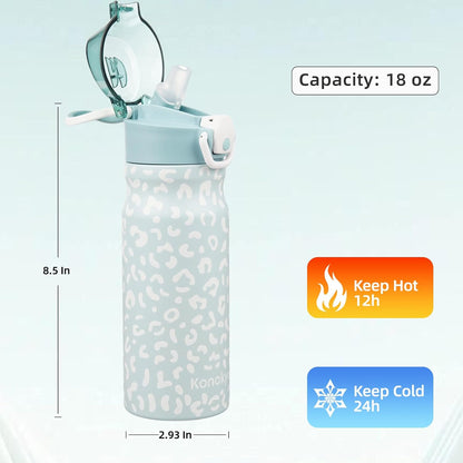 Konokyo 18 oz Insulated Water Bottle with Straw Lid, Stainless Steel Vacuum Sports Water Bottle, Leak-Proof Reusable Metal Flask with Carry Loop, BPA-Free Travel Bottle for Gym, School, Office