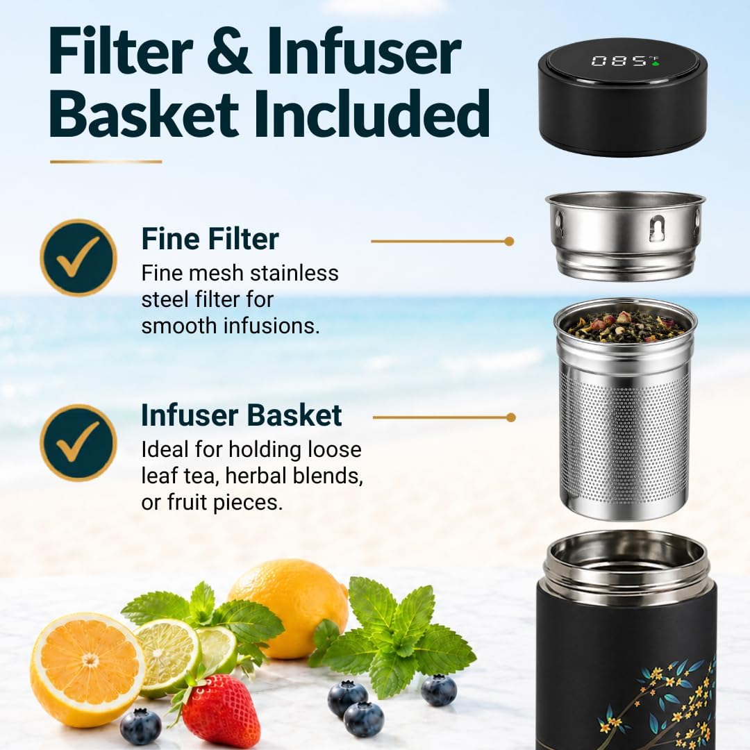Farasi Tea Infuser for Loose Leaf Tea Smart Water Bottle with Temperature Display, Stainless Steel Insulated Coffee and Fruit Tea Infuser Bottle - Green Floral Travel Tea Mugs 15 oz