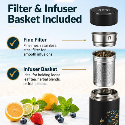 Farasi Tea Infuser for Loose Leaf Tea Smart Water Bottle with Temperature Display, Stainless Steel Insulated Coffee and Fruit Tea Infuser Bottle - Green Floral Travel Tea Mugs 15 oz