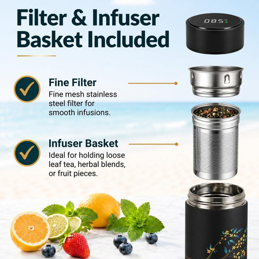 Farasi Tea Infuser for Loose Leaf Tea Smart Water Bottle with Temperature Display, Stainless Steel Insulated Coffee and Fruit Tea Infuser Bottle - Green Floral Travel Tea Mugs 15 oz