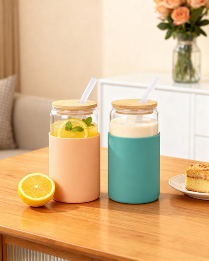 sungwoo 4PCS Glass Cups with Bamboo Lids and Straws, 16OZ Ice Coffee Cup, Drinking Cup set with Wooden Lids, Home Essential Glass Tumblers for Beer, Cocktail, Tea and Latte Clear