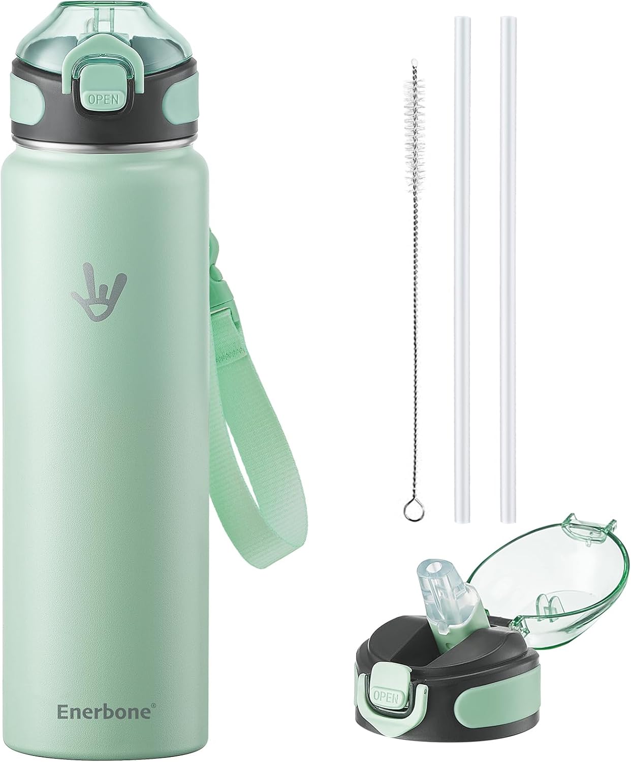 Enerbone 24 oz Insulated Water Bottle, Stainless Steel Bottle with Carrying Strap, Double-Wall Vacuum Insulation Design, Leakproof Sports Bottle with Straw, Keep Drinks Cold or Hot for Hours