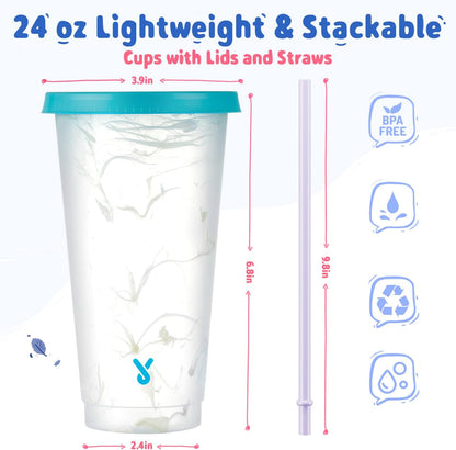 Meoky Color Changing Cold Cups with Lids and Straws - 5 Pack 24 oz Plastic Cute Tumblers Bulk, Reusable for Kids Women Party, Iced Coffee(Swirl)