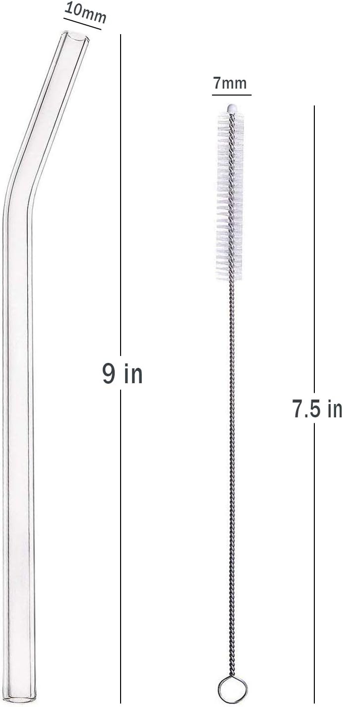 ALINK Glass Smoothie Straws, Reusable Clear Bent 9 in X 10 mm Drinking Straws, Set of 4 with Cleaning Brush