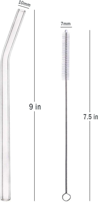 ALINK Glass Smoothie Straws, Reusable Clear Bent 9 in X 10 mm Drinking Straws, Set of 4 with Cleaning Brush