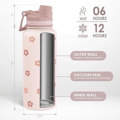 SANDJEST Pickleball Stainless Steel Water Bottle with Strap 32oz, Insulated Bottles with Straw and Spout Lid for Gym Sports Travel Outdoor, Gifts for Women Girls Birthday Christmas