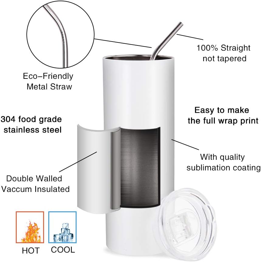 PYD Life Sublimation Blanks Skinny Tumbler White 20 OZ Straight Stainless Steel with Metal Straw for Mug Tumbler Heat Press Machine Sublimation Printing 4 Pack