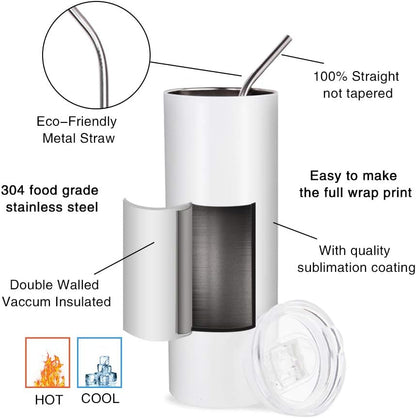 PYD Life Sublimation Blanks Skinny Tumbler White 20 OZ Straight Stainless Steel with Metal Straw for Mug Tumbler Heat Press Machine Sublimation Printing 4 Pack