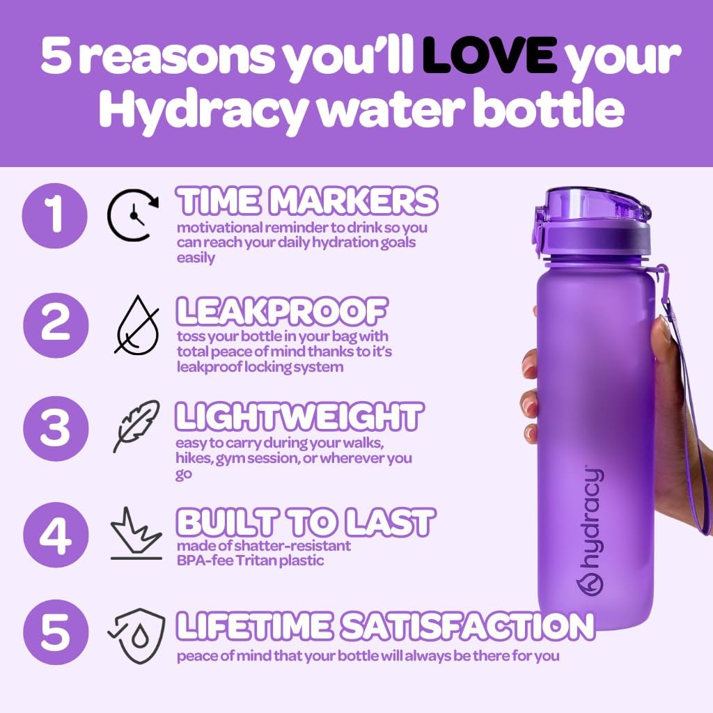 Hydracy Water Bottle with Time Marker -Large BPA Free Water Bottle & No Sweat Sleeve -Leak Proof Gym Bottle with Times to Drink - Ideal for Fitness Sports & Outdoors