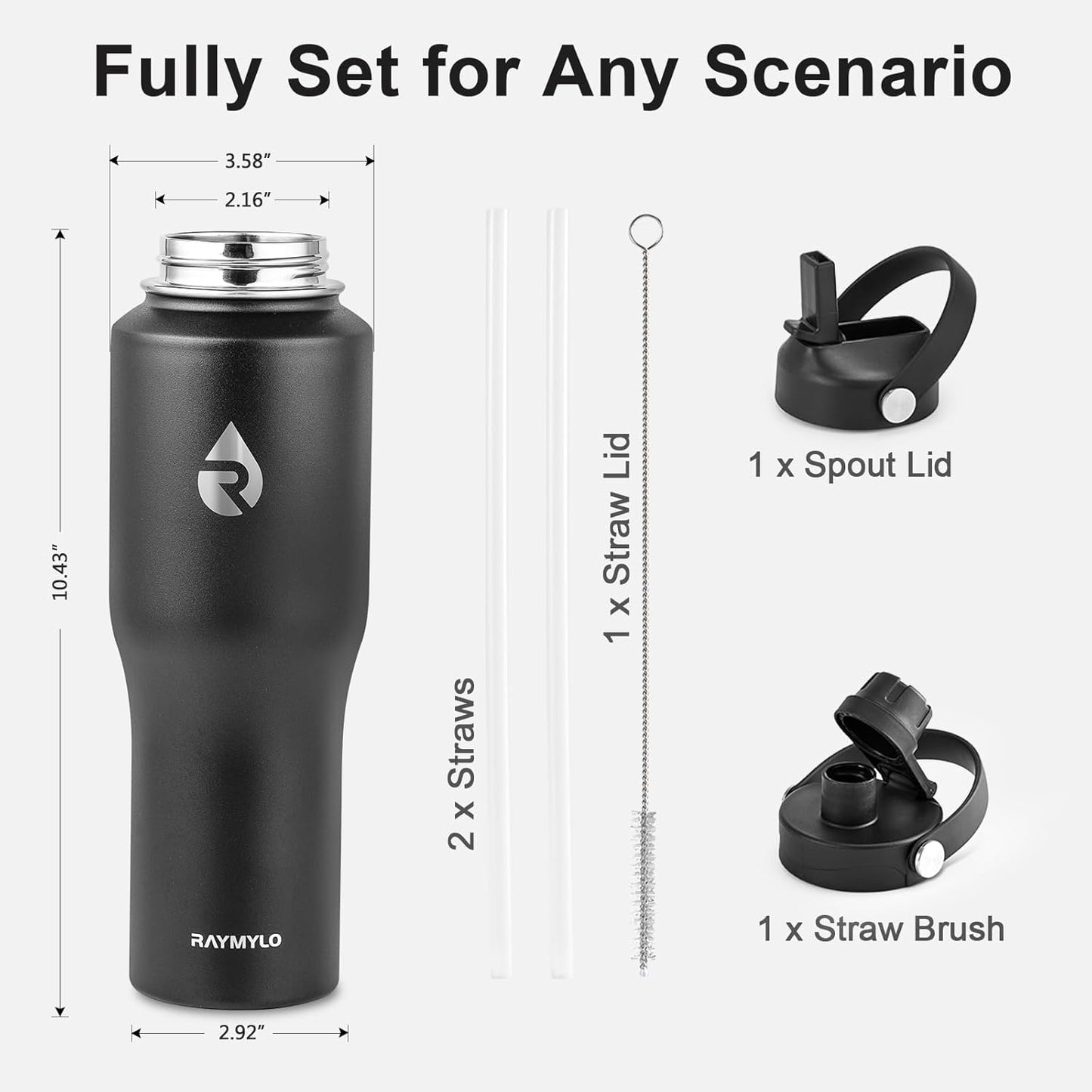 RAYMYLO 40 oz Insulated Water Bottle with Straw fit in Car Cup Holder, Triple Wall Vacuum Stainless Steel(Cold 48 hrs, Hot 24 hrs), Leakproof & Non-BPA, Hydro Travel Flask with Straw and Spout Lid
