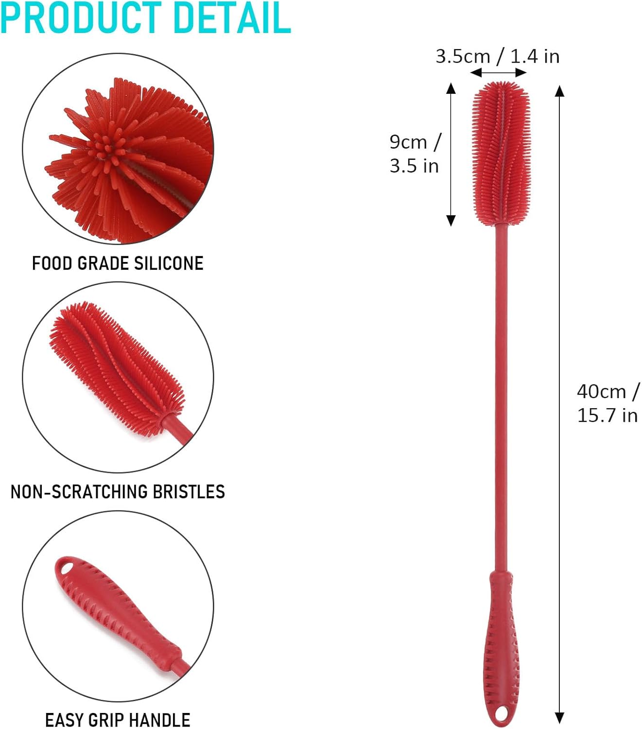Silicone Bottle Cleaning Brush with Long Handle, 12.5" Water Bottle Cleaner for Baby Bottles, Hydro Flask, Sports Bottle, Vase, Glassware, Perfect for Smaller Diameter Bottle Openings (One Pack)