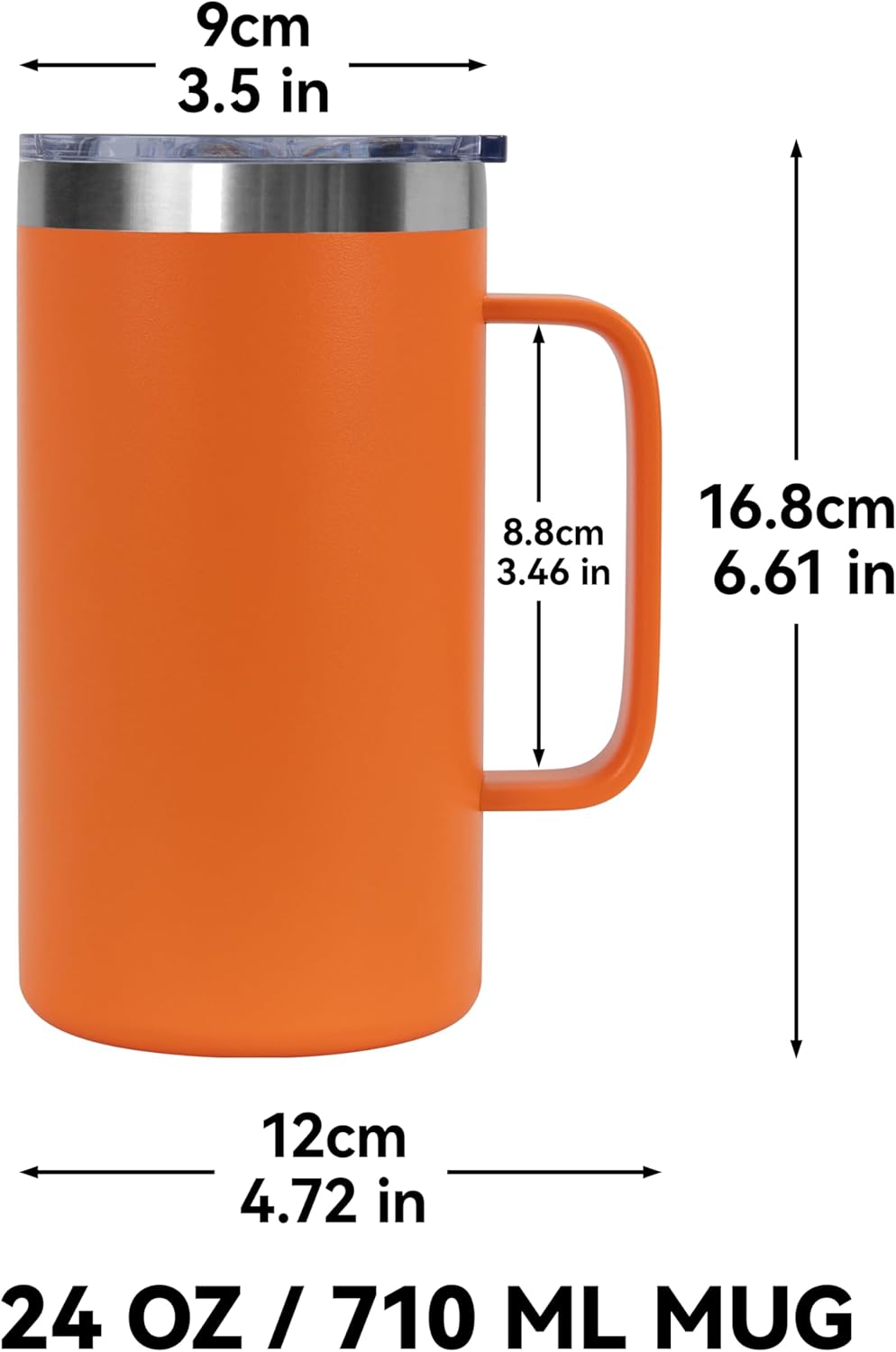DOMICARE 24oz Mug with Handle and Lid, Stainless Steel Coffee Mug, Reusable Insulated Cup, Travel Mug with Handle, Double Wall Vacuum Coffee Tumbler for Men and Women, Black, Pack 1