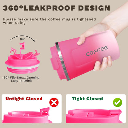 SPLMIFA Travel Coffee Mug Leak-Proof, Reusable Coffee Cups with Lids, Stainless Steel Vacuum Insulated Coffee Tumblers, Thermal Insulation Cup for Men and Women Hot & Cold Drinks(2nd-Green Pink, 12OZ)