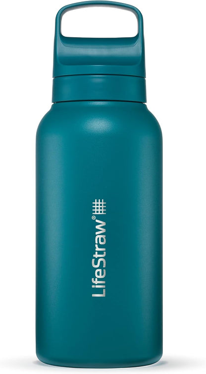 LifeStraw Go Series — Insulated Stainless Steel Water Filter Bottle for Travel and Everyday Use Removes Bacteria, Parasites and Microplastics, Improves Taste, 1L Aegan Sea
