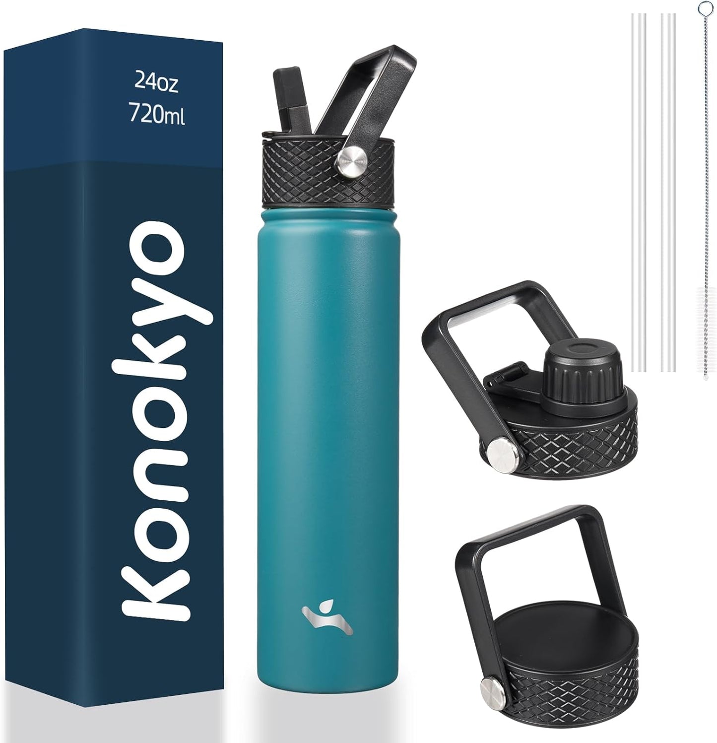 Konokyo 22oz Stainless Steel Bottles with 3 Lids Sport Insulated Water Bottle,Mint