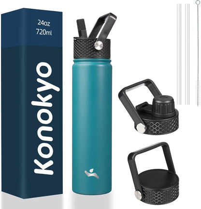 Konokyo 22oz Stainless Steel Bottles with 3 Lids Sport Insulated Water Bottle,Mint