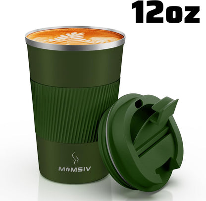 MOMSIV 12oz Travel Mug, Insulated Coffee Cup with Leakproof Lid, Travel Coffee Mug Vacuum Stainless Steel Double Walled Reusable Coffee Cup for Hot and Cold Water Coffee