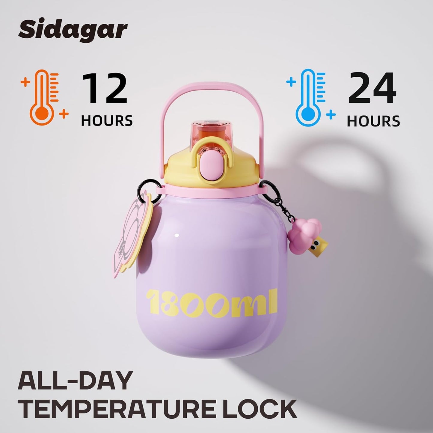 60 oz Big Gallon Water Bottle with Straw and Carry Handle, Black Wide Mouth Vacuum Water Jug, Insulated Stainless Steel Bottles; Heavy-Duty Aesthetic Yoga Flask for Women, Sweet & Cool Black