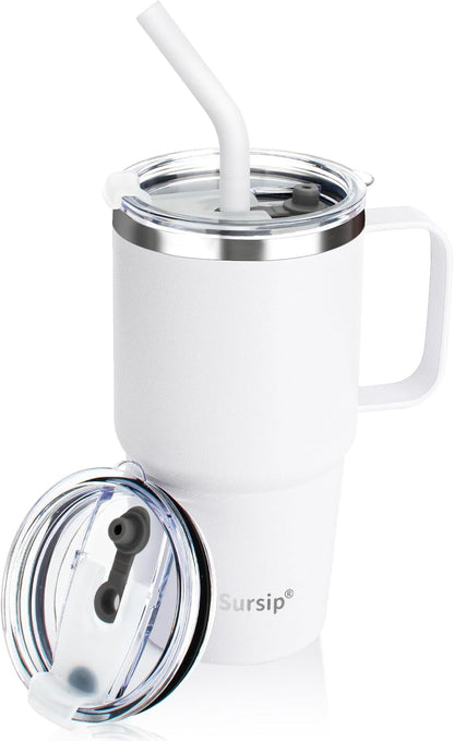 Sursip Insulated Coffee Mug with Handle and Lid, 24 oz Double Wall Vacuum Travel Thermal Coffee Tumbler with Straw for Home, Office Stainless Steel Coffee Cup - Leak proof, BPA Free (Black-1 Pack)