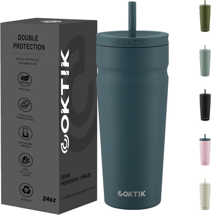 COKTIK 24oz Insulated Tumbler with Lid and Straw Iced Coffee Cup Reusable Stainless Steel Travel Mug Water Bottle Cupholder Friendly for Women Men Her Him (Blush)