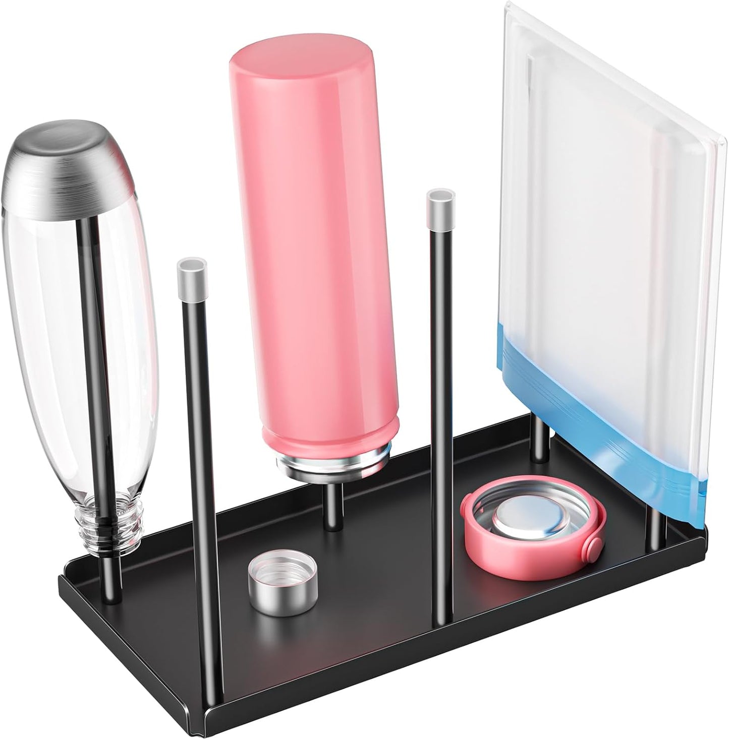 Water Bottle Drying Rack with Drain Tray, Cup Drying Rack for Counter, Metal Tumbler Dryer Stand with 6 Pegs, Space-Saving Drying Rack for Water Bottles, Baby Bottle, Glass & Reusable Bag (Black)