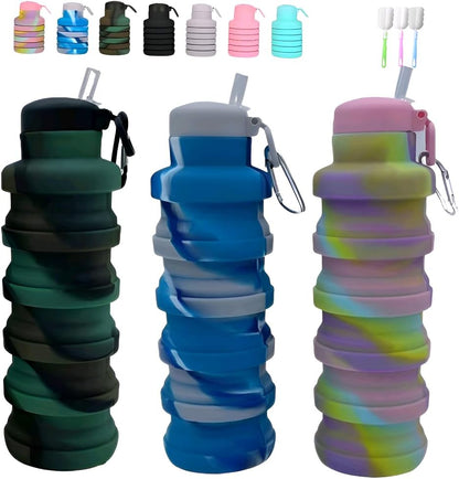 Collapsible water bottles 2 Pack with brush,BPA Free Travel Silicone Water Bottle with Carabiner,Reusable Foldable Portable Lightweight Sports bottles for Gym Camping Hiking (Black+Aqua blue)