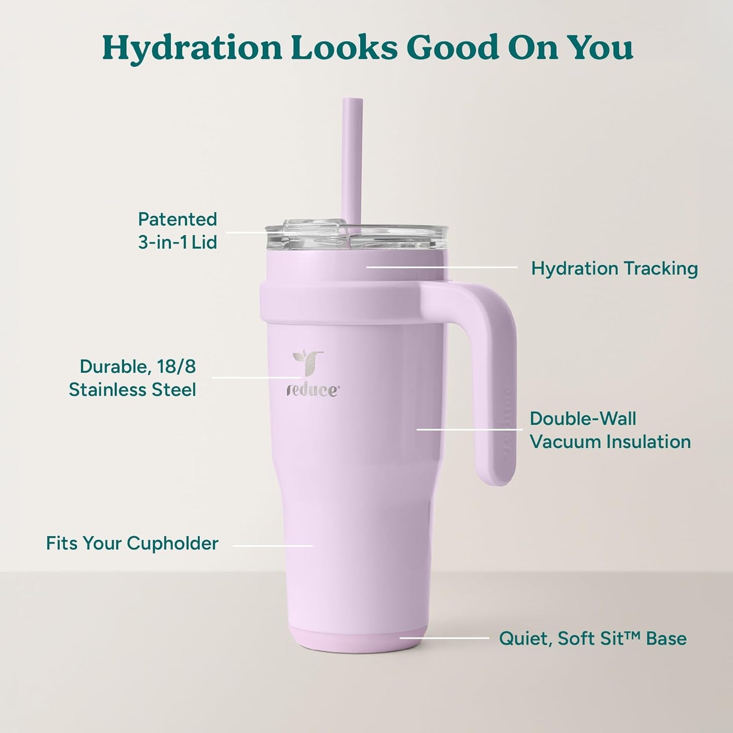 REDUCE 24 oz Stainless Steel Tumbler with Handle - Dual-Wall Vacuum Insulated Travel Mug, Sweat-Proof Lid & Reusable Straw - Keeps Drinks Cold for 24 Hrs, Fits Cupholders, Dishwasher Safe - Lilac Bud
