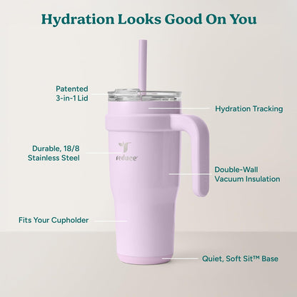 REDUCE 24 oz Stainless Steel Tumbler with Handle - Dual-Wall Vacuum Insulated Travel Mug, Sweat-Proof Lid & Reusable Straw - Keeps Drinks Cold for 24 Hrs, Fits Cupholders, Dishwasher Safe - Lilac Bud